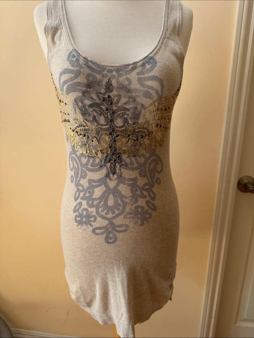 Guess Beige Tank Top with Gold Wing Embellishment and Gray Print